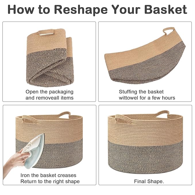 115L Large Blanket Basket,23.6"L x 23.6"W x 15.7"H Rope Woven Baskets with Handles, Toys Storage Bins,Laundry Basket Perfect for Living Room, Nursery,Bedroom,Home Organization,Black&Light Grey