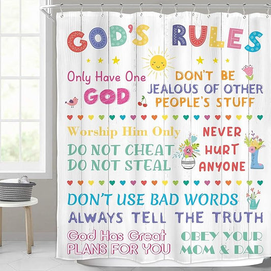 Homewelle Colorful Quotes Kids Shower Curtain Christian Bible Verse Abstract Cartoon Cute Wooden Plank Modern Simple 60Wx72H Inch for Boys Girls Children Waterproof Polyester Fabric Bathroom Bathtub