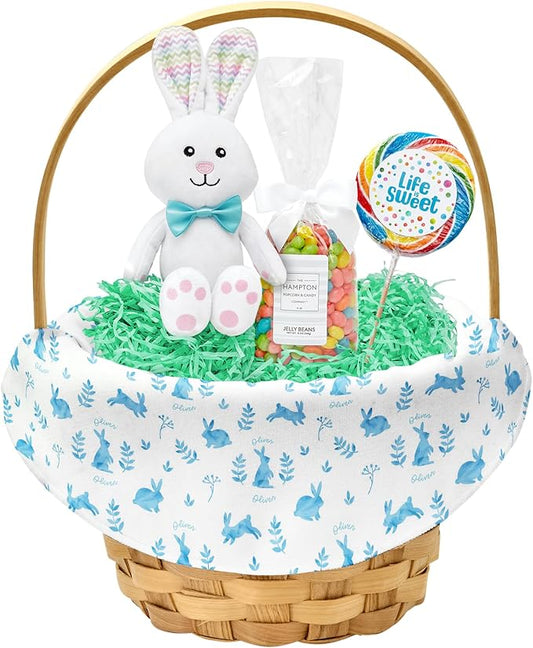 Let's Make Memories Personalized Easter Basket for Kids - For Boys - For Girls - Create Your Own - Fillable - Wicker - Easter Basket Stuffers - Large - Light Blue Rabbit