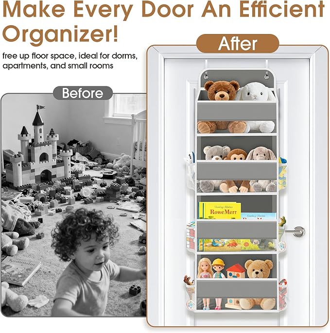 WISELIFE Over The Door Organizer Storage with 4 Large Pockets Door Hanging Organizer with Clear Windows behind The Door Storage for Nursery Bedroom Bathroom Pantry Closet and Baby Essentials Grey