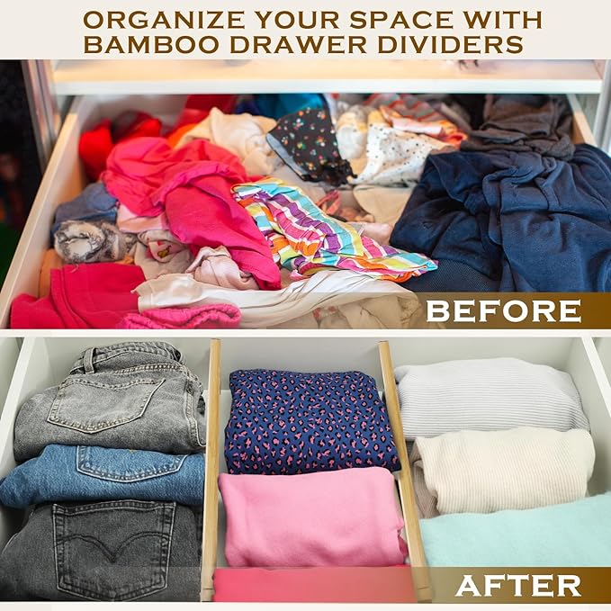 8 Pcs Deep Bamboo Drawer Dividers, Deep Kitchen Dresser Drawer Organizer with Spring Loaded for Clothes, Adjustable Expandable from 15-22 Inch (Wood Color,6 Inch)