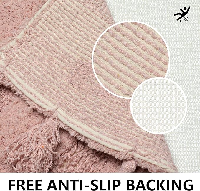 Half Circle Boho Rug with Tassels for Bedroom Extra Soft Cotton Blush Pink Bath Rugs Beautiful Handcrafted Crochet Boho Bathroom Rugs Non-Slip Absorbent Washable Cute Bath Mat for Bathroom Home Decor