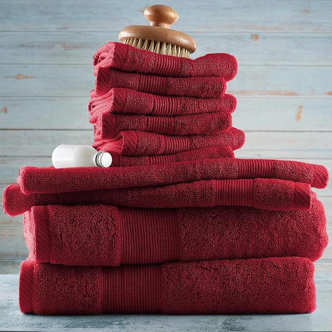 Hearth & Harbor Bath Towels for Bathroom - 100% Ring Spun Cotton Luxury Bathroom Towels - Ultra Soft & Highly Absorbent, Bath Towels Set of 10 - Burgundy Red