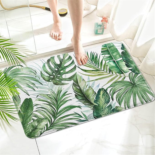 Green Leaf Plant Imitation Cashmere Bathroom Mat Rug - Rubber Non-Slip Absorbent Soft Bathroom Rugs for Bathtub Shower Sinks (17" W x 27" L)