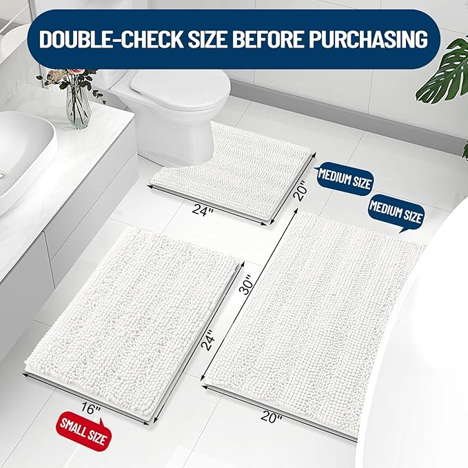 Grandaily Chenille Striped Bathroom Rugs 24x16, Extra Thick and Absorbent Bath Mats, Non-Slip Soft Plush Shaggy Shower Carpet, Machine Wash Dry, Bath Rug for Bathroom, (Small, Ivory)