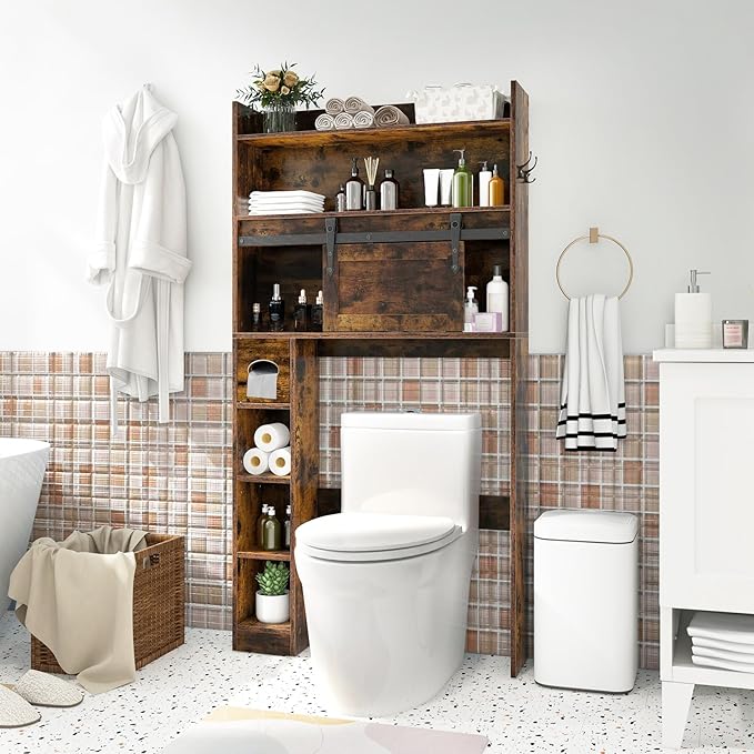 Tangkula Over The Toilet Storage Cabinet, Farmhouse Freestanding Above Toilet Rack w/Sliding Barn Door, Adjustable Shelves, Toilet Paper Holder, 2 Hooks, Bathroom Space Saver (Retro, Rustic Brown)