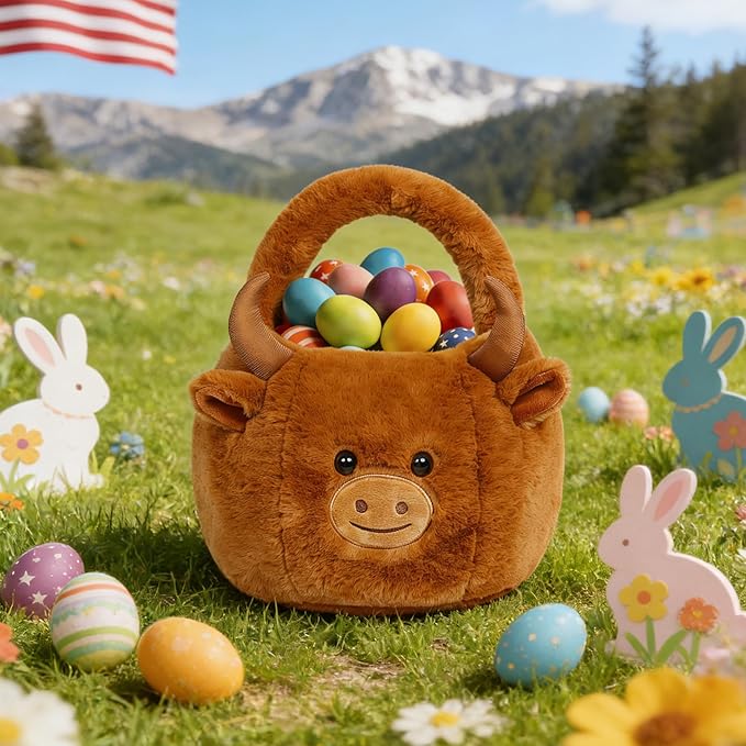 Easter Basket, Easter Baskets for Kids, Highland Cow Baskets with Handle for Gifts Empty, Bunny Egg Hunting, Basket Stuffers Essentials