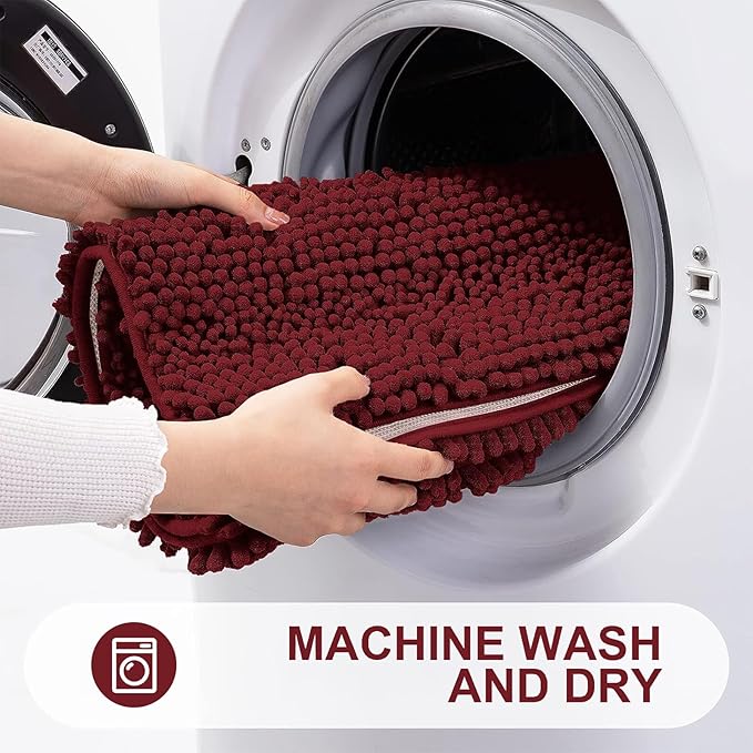Grandaily Chenille Striped Bathroom Rugs 47x24, Extra Thick and Absorbent Bath Mats, Non-Slip Soft Plush Shaggy Shower Carpet, Machine Wash Dry, Bath Rug for Bathroom, Burgundy