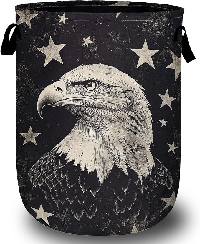 Black Eagle Laundry Basket, Foldable Waterproof Laundry Hamper Tote Bag Dirty Clothes Storage Bucket Toy Organizer for Bathroom/Laundry/Bedroom 15.7"x19.6"