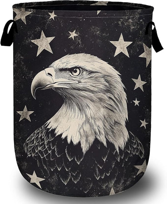 Black Eagle Laundry Basket, Foldable Waterproof Laundry Hamper Tote Bag Dirty Clothes Storage Bucket Toy Organizer for Bathroom/Laundry/Bedroom 15.7"x19.6"