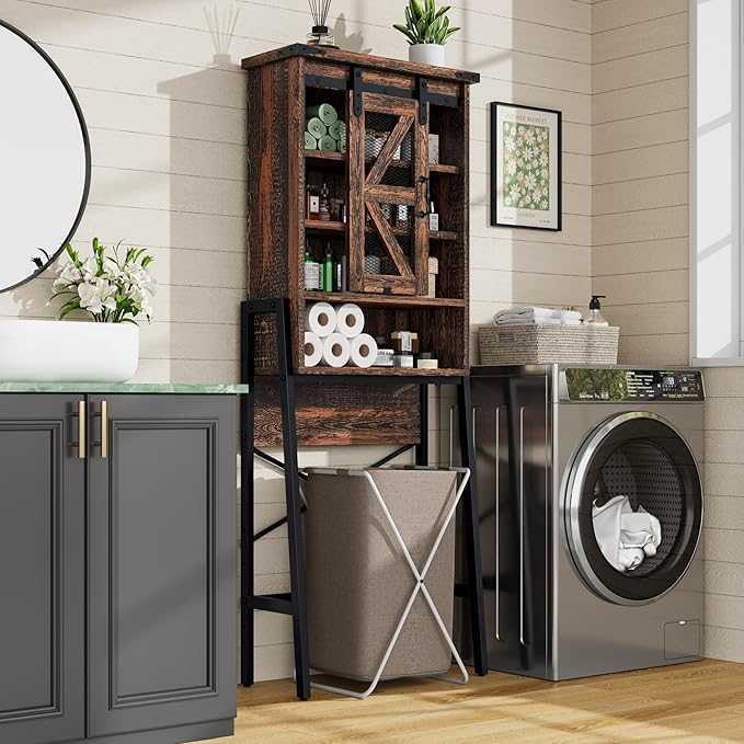 Over The Toilet Storage Cabinet with Sliding Barn Door, Over Toilet Bathroom Organizer with Adjustable Shelves and Metal Frame, Farmhouse Space Saver The Toilet Rack (Brown)
