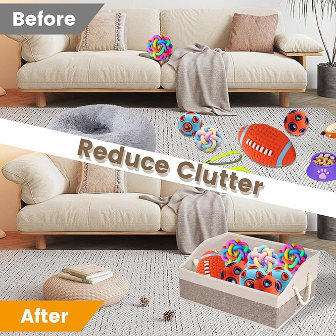 Large Dog Toy Basket With Handle, Foldable Dog Toy Box for Living Room Area, 20" Basket for Dog's Toys, Clothes, Organizers and Storage with Hard Board, Anti-slip for Pet Toys (Brown, Medium)