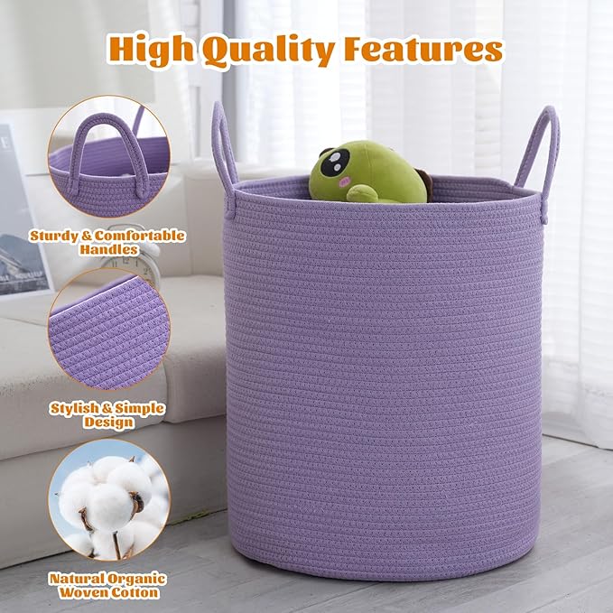 Woven Basket Nursery Laundry Hamper with Handles, Clothes Storage Organizer, Woven Basket for Boy Room Decor, Toy & Blanket Storage Bin, 15x15x18 Inch,Purple,1pc