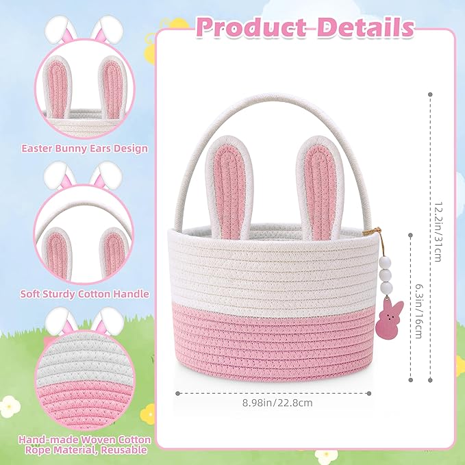 Easter Baskets for Kids, Pink Small Woven Rope Bunny Personalized Easter Basket Empty with Handle, Basket Name Tag, Baby Egg Easter Baskets for Girls Boys Toddler Babies Infant, 9" x 9" x 6.3"