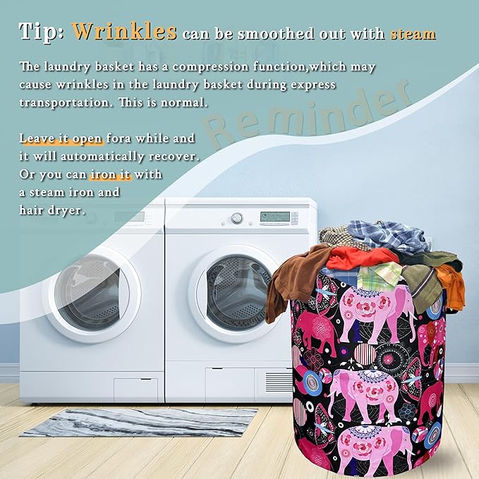 Pink Mandala Elephants Laundry Basket Foldable With Handles Boho Tote Bag Waterproof Oxford Cloth Colorful Laundry Hamper 18.9"x1 6.5 "Clothe Storage Bucket Toy Organizer For Bathroom/Laundry/Bedroom