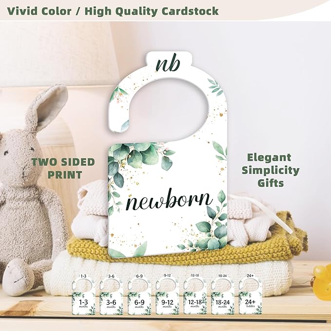 JMOST Eucalyptus Baby Closet Dividers for Nursery Closet Organizer, Newborn to 24 Months Size Clothes, Greenery Hangers with Size Dividers, Double Sided