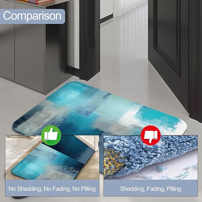 Abstract Blue Grey Bathroom Rugs, Non Slip Quick Dry Rustic Bath Mats for Bathroom, Super Absorbent Diatomaceous Bathmat for Home Kitchen Thin Floor Doormat 17 X 29.5 Inch
