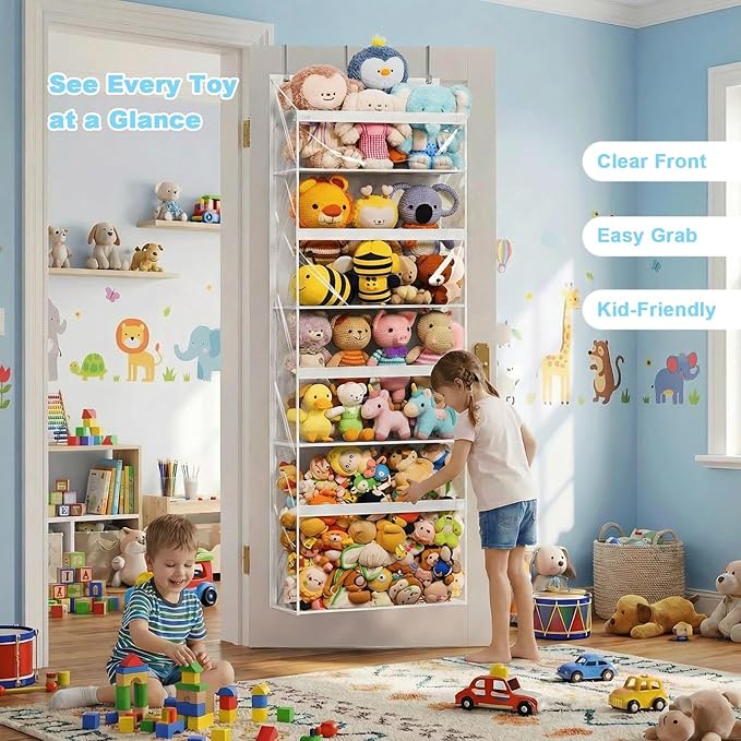 Heavy Duty Stuffed Animal Storage, 4-Tier Clear Extra Large Over The Door Organizer for Stuffies, Baby Ideas Holder, Toy Plush Hanging Organizer Big Girls Toddler Bag Animals Stuffy, White