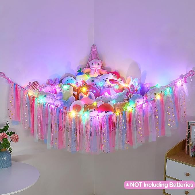 FIOBEE Stuffed Animals Net or Hammock with LED Light, Toy Hammock Hanging Stuffed Animals Storage Organizer Holder Room Décor for Nursery Kids Bedroom