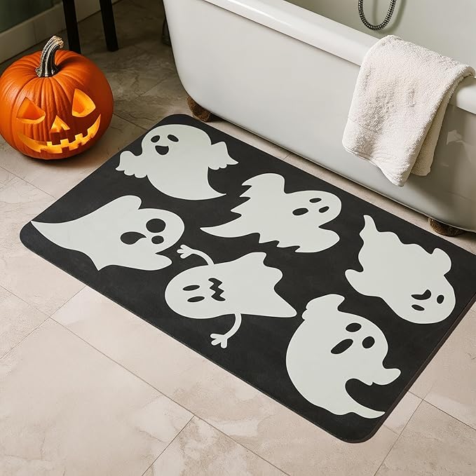 Halloween Bath Mat, Thin Halloween Bathroom Rug Non Slip Quick Dry Ghost Bath Mat Fits Under Door Thin Floor Mat Halloween Decor, 24''x36'', Ghosts Black