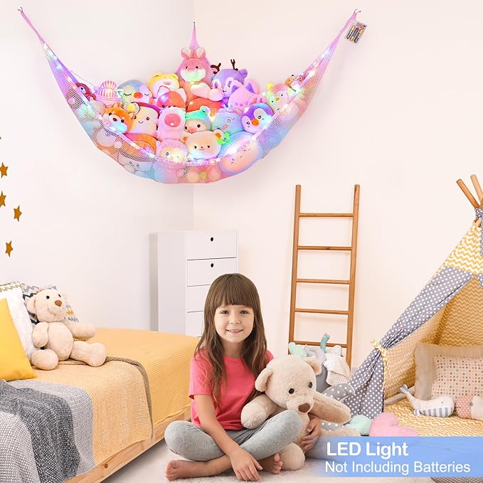 Basumee Stuffed Animals Net or Hammock with LED Light Hanging Toy Net Hammock for Stuffed Animals Storage Stuff Animals Hammocks for Nursery Room with Remote Control, 8 Kinds of Lights(Pack of 1)