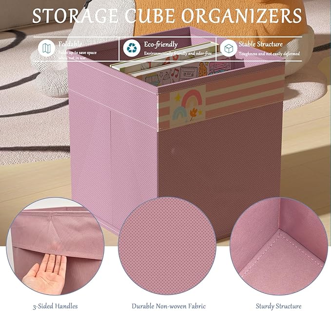 homyfort Cube Storage Organizer Bins, 12x12 Inch Fabric Bins for Cube Storage, Foldable Cloth Baskets Box with Handles for Organizing Clothes, Toys in Pantry, Closet Shelf, Nursery, Kids Room (Pink)