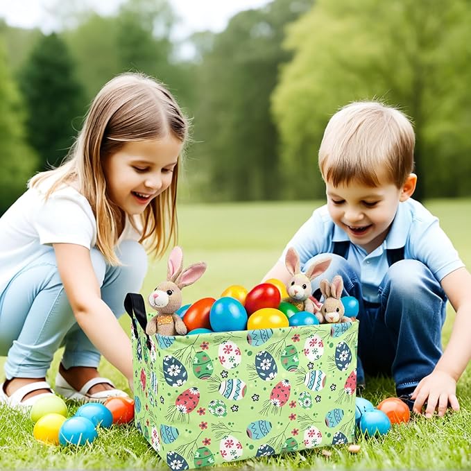 Kid Large Empty Easter Basket Personalized Fabric Easter Basket for Boy and Girl (Easter Egg Green Background)