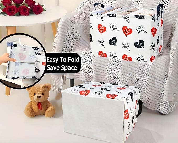 Large Valentine's Day Basket Heart Shaped Storage Bin for Gifts Collapsible Organizer Room Decor (Red Black Love You)