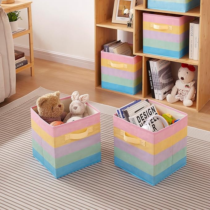 11 Inch Fabric Collapsible Storage Cubes,3 Pack Rainbow Colored Closet Storage Bins with 2 Handles Foldable Cube Baskets for Organizing Clothes, Toys, Books