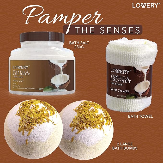 Gifts For Women Gift Basket for Women– 9 Piece Set of Vanilla Coconut Home Spa Set, Luxurious Valentines Day Gifts for Her, Bath and Body Sets Includes Fragrant Lotions, Large Bath Bombs, Coconut Oil