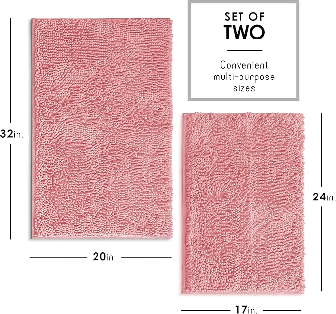 Hearth & Harbor Bathroom Rugs, Chenille Bath Mat - Machine Washable Bath Mats for Bathroom Non-Slip Backing Rubber, Quick Dry Bathroom Mat, 17 x 24 + 20 x 32 - Pink
