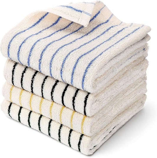 4 Pack Striped Hand Towels Set for Bathroom, Cotton Face Towels Black Blue and Yellow 3 Colors, 14" x 29", Soft and Absorbent, Vintage Kitchen Decor, Guest Use
