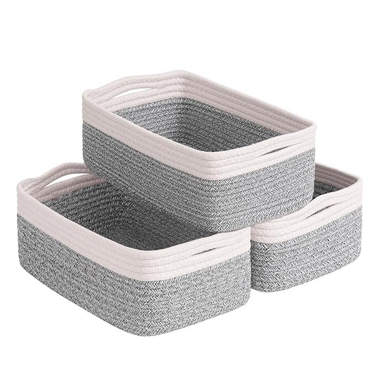 Goodpick Storage Bins, Baskets for Shelves, Cotton Rope Basket for Organization, Closet Organizer Bins, Towel Baskets for Bathroom 3 Pack, White & Light Gray, 11 x 7 x 4.5 in