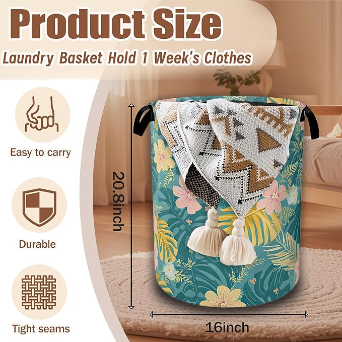 Hawaiian Laundry Hamper, Tropical Palm Leaves Collapsible Laundry Baskets Waterproof Oxford Cloth With Handles,Clothes Storage Bucket Toy Organizer For Bathroom/Nursery/Bedroom 16" x 20.8"