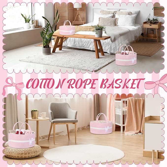 Yinkin 1 Pcs Valentine's Day Woven Large Storage Basket with Handles and Removable Divider Gift Baskets with Bow for Closet Bedroom Nursery Toys Organizing, 14.17 x 8.66 x 7.09 Inches(Pink and White)