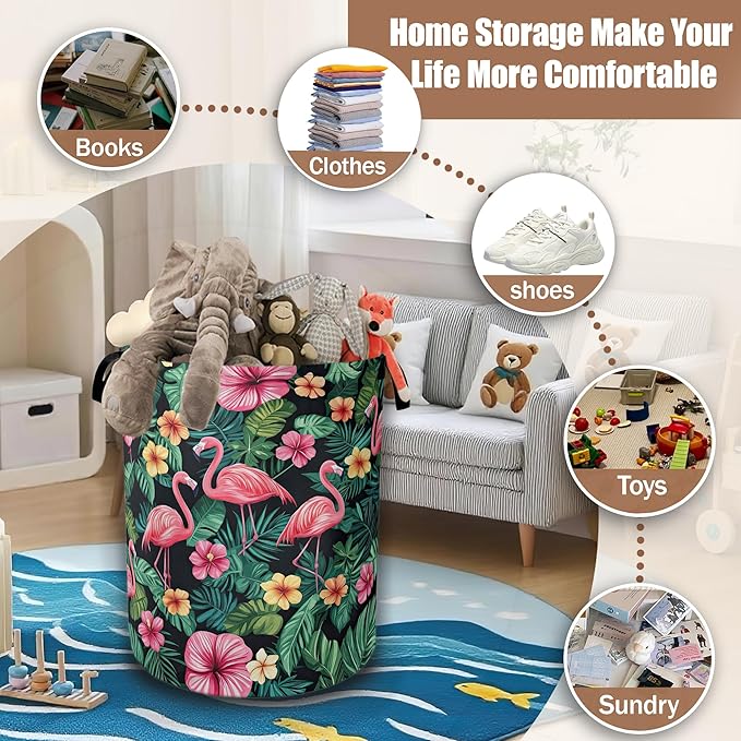 Tropical Palm Laundry Basket,Flamingo Watercolor Laundry Hamper Waterproof Oxford Cloth Tote Collapsible,Clothes Storage Bucket Decorative Toy Organizer For Bathroom Bedroom 16" x 20.8"