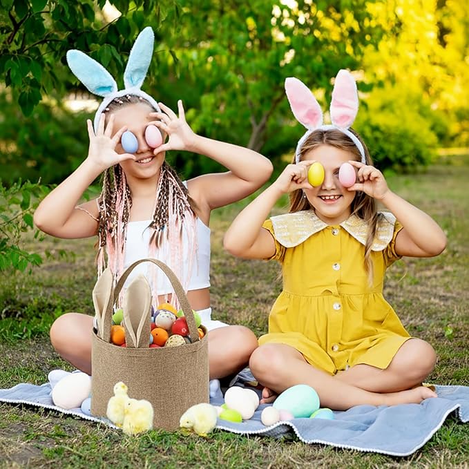 Easter Bunny Basket for Kids,Cute Easter Bucket Bags with Rabbit Ears for Easter Eggs Hunting,Easter Decorations,Candy Gifts Storage (Linen)