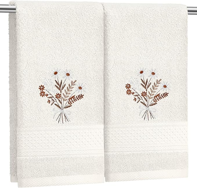 2 Pcs Boho Flowers Hand Towels Beige Bathroom Wildflowers Decor 14x29 Inch Embroidered 100% Cotton Soft Absorbent Spring Summer Decorative Hand Towels for Bathroom Kitchen