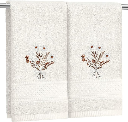 2 Pcs Boho Flowers Hand Towels Beige Bathroom Wildflowers Decor 14x29 Inch Embroidered 100% Cotton Soft Absorbent Spring Summer Decorative Hand Towels for Bathroom Kitchen
