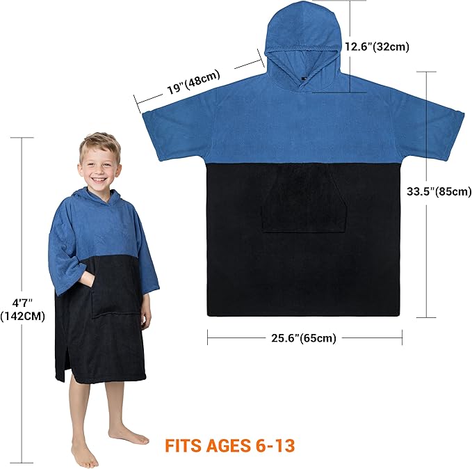 Hooded Beach Towels for Kids Surf Poncho Swim Robe for 6-13 Years, 3/4 Sleeve Big Kids Hooded Bath Towels Thick Changing Robe Girls Boys, Black Blue