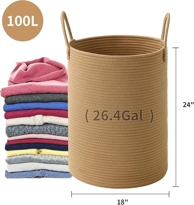 Woven Laundry Hamper Tall Rope Storage Basket for Blanket toys Dirty Clothes in Living Room Bathroom Bedroom (Jute Brown, 100L/26.4Gal)