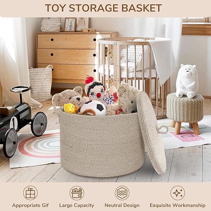 21" x 18" Extra Large storage baskets,Decorative blanket basket with lid for Living room,rope baskets with lid,wicker hamper for bedroom,Big,Round,Brow