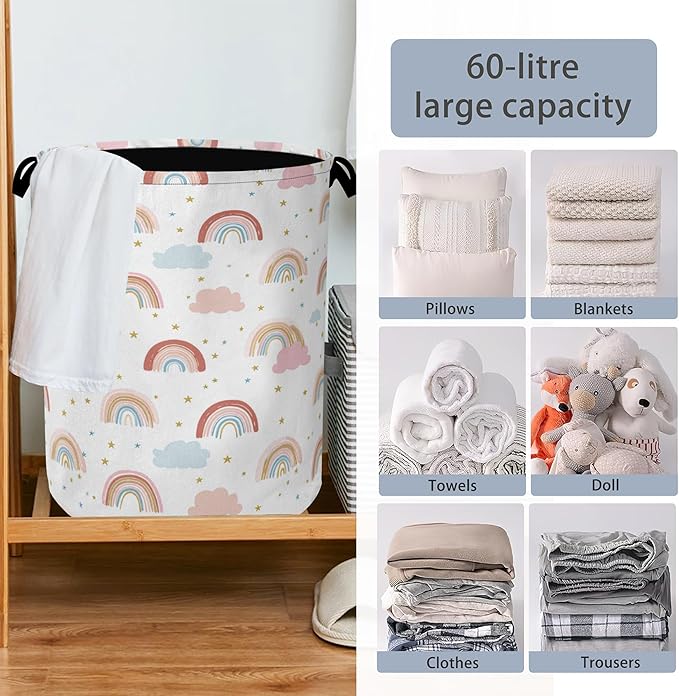 Rainbow Laundry Hamper,Stars Dirty Clothes Laundry Basket with Handles Waterproof Oxford Cloth Storage Basket for College Dorms Bathroom Bedroom 16" x 20.8"