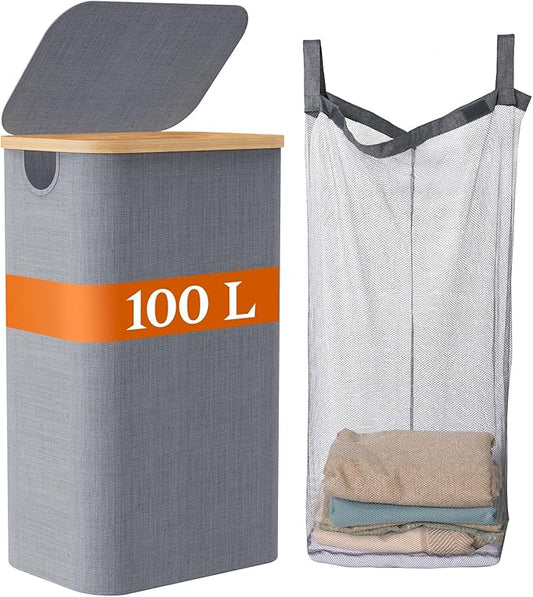 Laundry Baskest with Lid, 100L Large Tall Laundry Hamper with Removable Bag, Collapsible Laundry Hamper for Bedroom, Bathroom, Dorm, Laundry Room, Grey