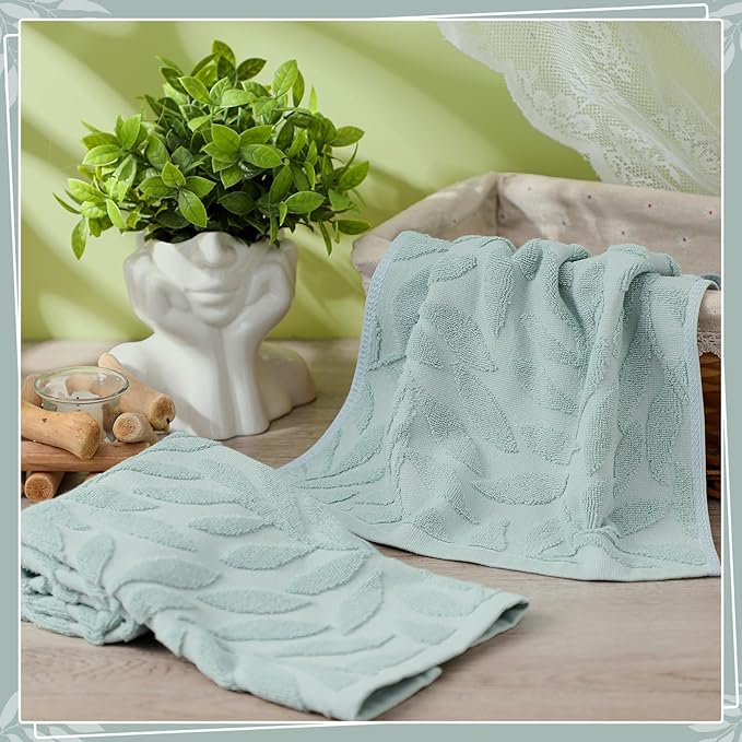 2 Pcs Green Leaves Hand Towels for Bathroom Green Leaves 100% Cotton Jacquard Weave Bath Towel Set Soft Absorbent Dish Washcloth for Bathroom Kitchen Summer Theme Gifts 13.8 x 29.5 Inch