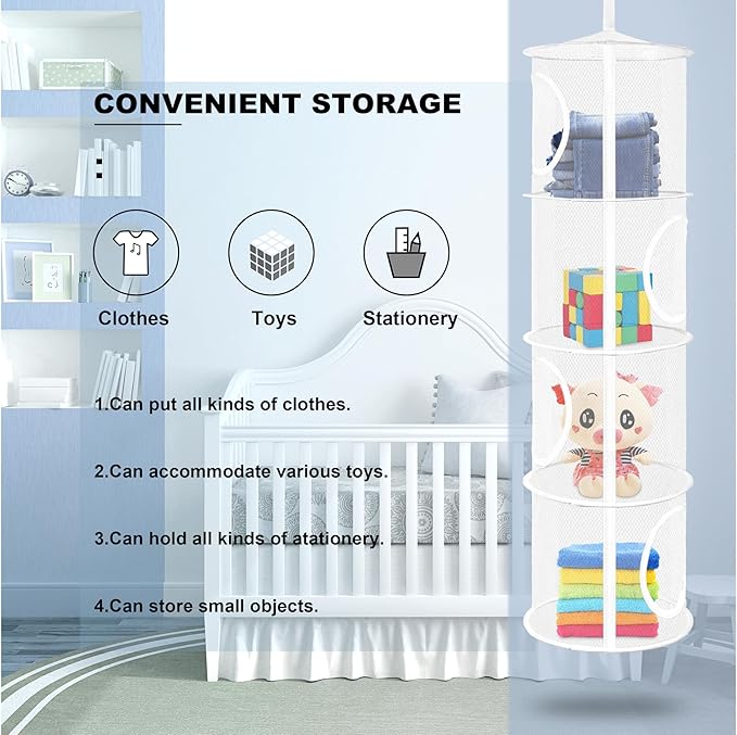 coastal rose 2Pcs Stuffed Animal Storage Foldable Stuffed Animal Net or Hammock Organizer, 4 Compartments Hanging Mesh Toy Storage Hammock for Kid Room Toys, Gloves, Hats, Socks(White)