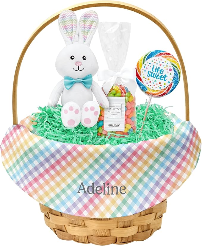 Let's Make Memories Personalized Easter Basket for Kids- For Boys - For Girls - Create Your Own - Fillable - Wicker - Easter Basket Stuffers - Large - Colorful Gingham