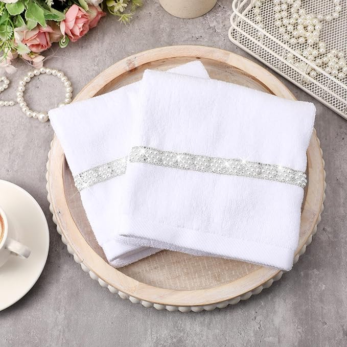 2 Pcs White Sparkling Hand Towels with Pearl for Bathroom 100% Cotton Glitter Soft Elegant Hand Bath Towels Absorbent Machine Washable for Spa Yoga Hotel Sport, 29.5" x 13.8"