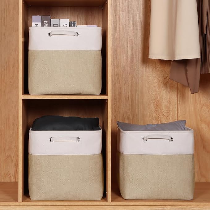 Kntiwiwo Storage Cubes 13” x 13” x 13” Foldable Storage Bin Closet Organizers and Storage Basket w/Handles for Organizing Shelf Home Closet, Set of 3, Beige