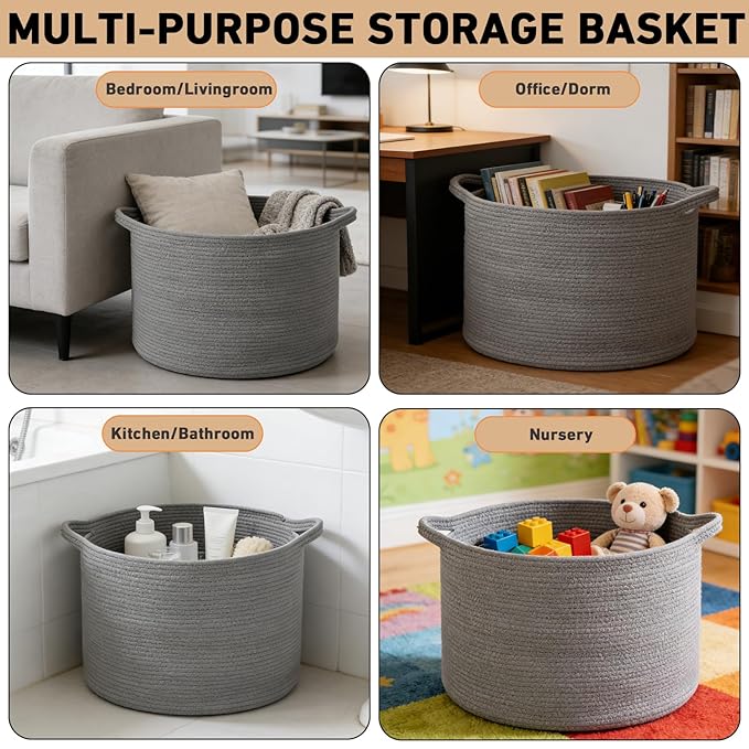 65L Large Blanket Basket,19.7" L x 19.7" W x 13" H Rope Woven Baskets with Handles, Toys Storage Bins,Laundry Basket Perfect for Living Room, Nursery,Bedroom,Home Organization,Dark Gry